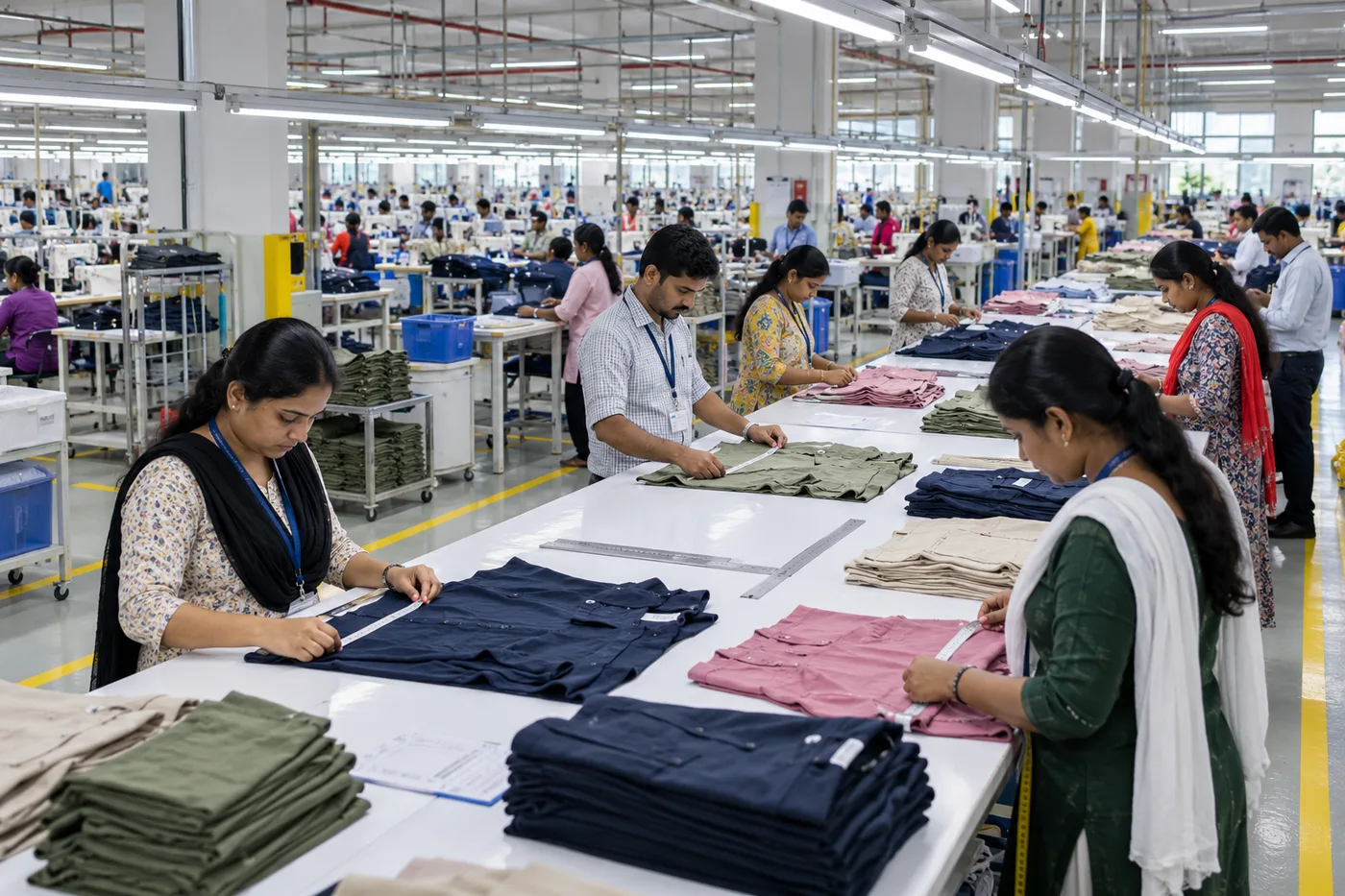 Large Indian garment factory quality-control team measuring finished garments