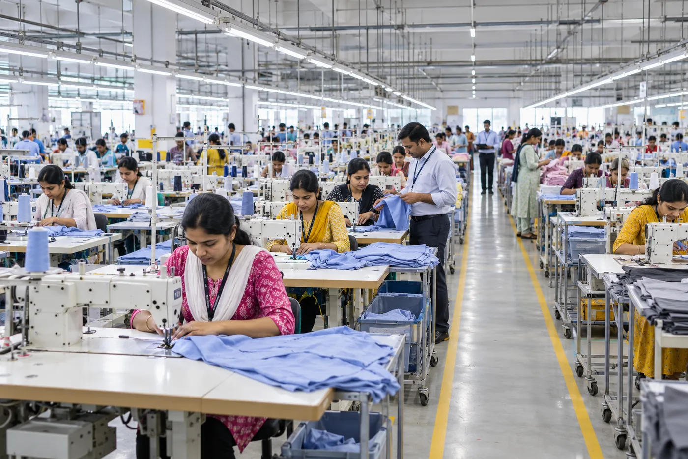 Large Indian garment production floor with rows of industrial sewing machines
